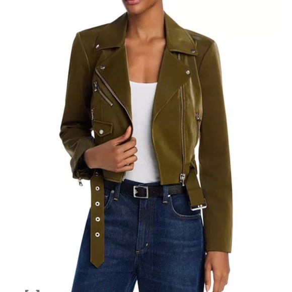 NWT Cinq à SeptPalo Belted Olive Moto Jacket size Large - Picture 1 of 5